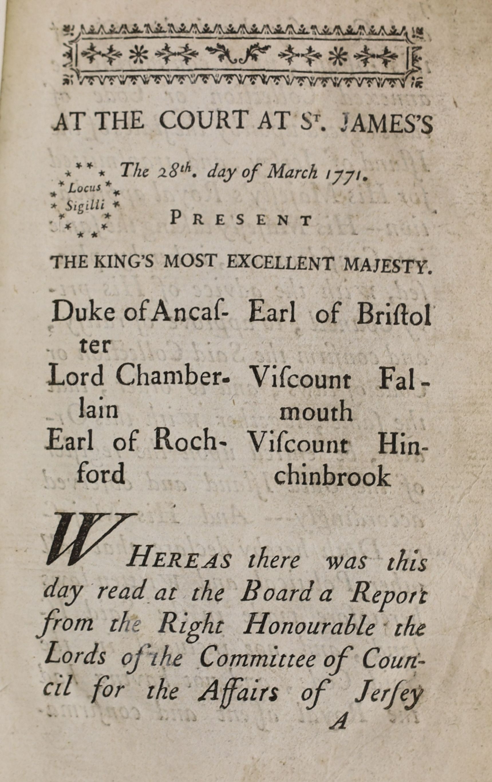Various - A Code of Laws for the Island of Jersey - 2 copies, in English and French, one lacking title and annotated through in ink in a contemporary hand, vellum, HMG, London, 1771 (2)